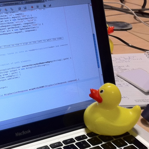 在电脑旁“帮忙”代码审查的小黄鸭